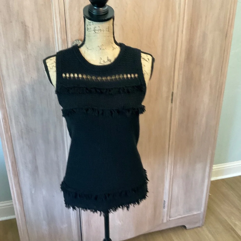 J Crew Factory Black 100% Cotton textured knit top sleeveless fringe Tank small